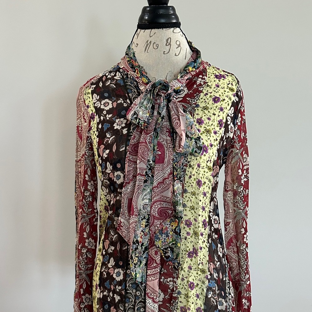 Zara Red and Yellow Tie Front Graphic Blouse